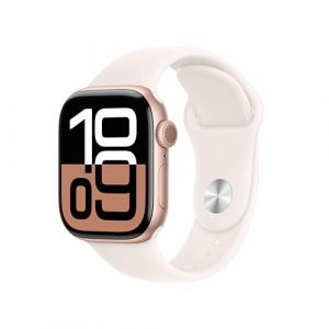 Apple Watch Series 10 (GPS 42 mm) Smartwatch mit Aluminiumgehäuse in Roségold und Sportarmband in Blassrosa (M/L). Fitnesstracker