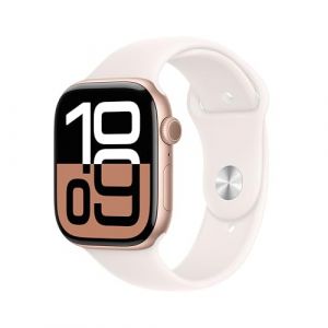 Apple Watch Series 10 (GPS 46 mm) Smartwatch mit Aluminiumgehäuse in Roségold und Sportarmband in Blassrosa (S/M). Fitnesstracker