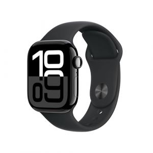 Apple Watch Series 10 (GPS + Cellular 42 mm) Smartwatch mit Aluminiumgehäuse in Diamantschwarz und Sportarmband in Schwarz (M/L). Fitnesstracker