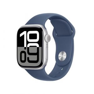 Apple Watch Series 10 (GPS 42 mm) Smartwatch mit Aluminiumgehäuse in Silber und Sportarmband in Denim (S/M). Fitnesstracker