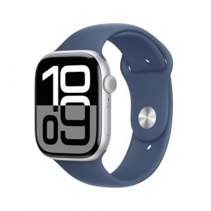 Apple Watch Series 10 (GPS 46 mm) Smartwatch mit Aluminiumgehäuse in Silber und Sportarmband in Denim (M/L). Fitnesstracker