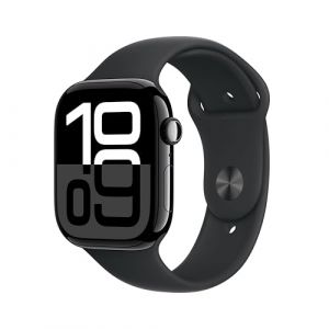 Apple Watch Series 10 (GPS 46 mm) Smartwatch mit Aluminiumgehäuse in Diamantschwarz und Sportarmband in Schwarz (M/L). Fitnesstracker