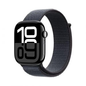 Apple Watch Series 10 (GPS 46 mm) Smartwatch mit Aluminiumgehäuse in Diamantschwarz und Sport Loop in Tinte (One Size). Fitnesstracker