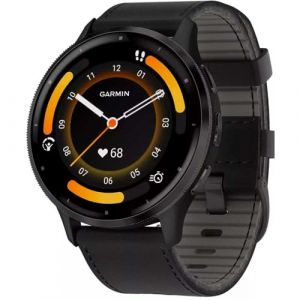 Garmin 010-02784-52 Venu 3 Slate Edelstahl-Lünette Smartwatch mit schwarzem Gehäuse und Lederband