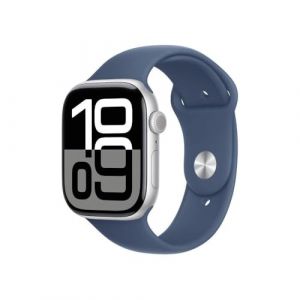 Apple Watch Series 10 (GPS 46 mm) Smartwatch mit Aluminiumgehäuse in Silber und Sportarmband in Denim (M/L). Fitnesstracker