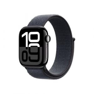 Apple Watch Series 10 (GPS 42 mm) Smartwatch mit Aluminiumgehäuse in Diamantschwarz und Sport Loop in Tinte (One Size). Fitnesstracker