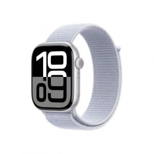 Apple Watch Series 10 (GPS 46 mm) Smartwatch mit Aluminiumgehäuse in Silber und Sport Loop in Blaue Wolke (One Size). Fitnesstracker