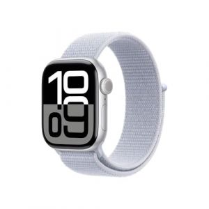 Apple Watch Series 10 (GPS 42 mm) Smartwatch mit Aluminiumgehäuse in Silber und Sport Loop in Blaue Wolke (One Size). Fitnesstracker