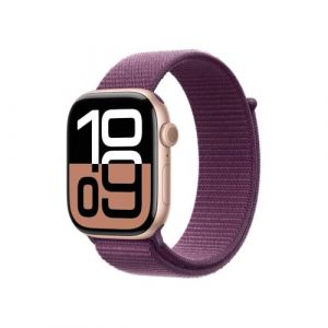 Apple Watch Series 10 (GPS 46 mm) Smartwatch mit Aluminiumgehäuse in Roségold und Sport Loop in Pflaume (One Size). Fitnesstracker