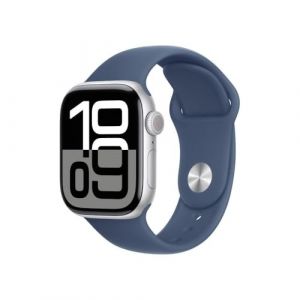 Apple Watch Series 10 (GPS 42 mm) Smartwatch mit Aluminiumgehäuse in Silber und Sportarmband in Denim (S/M). Fitnesstracker