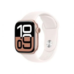 Apple Watch Series 10 (GPS 42 mm) Smartwatch mit Aluminiumgehäuse in Roségold und Sportarmband in Blassrosa (S/M). Fitnesstracker