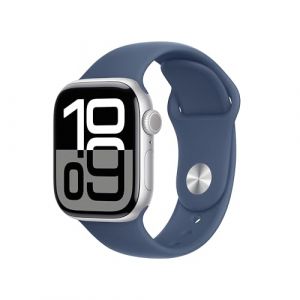 Apple Watch Series 10 (GPS + Cellular 42 mm) Smartwatch mit Aluminiumgehäuse in Silber und Sportarmband in Denim (M/L). Fitnesstracker