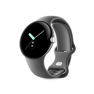 Google Pixel Watch ? Android-Smartwatch mit Aktivitätsaufzeichnung ? Smartwatch mit Herzfrequenz-Tracker ? Edelstahlgehäuse in Polished Silver mit Sportarmband in Charcoalan